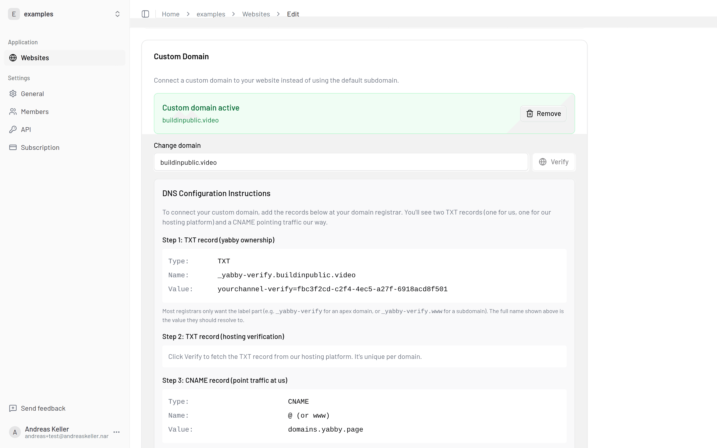Custom Domain card in website settings