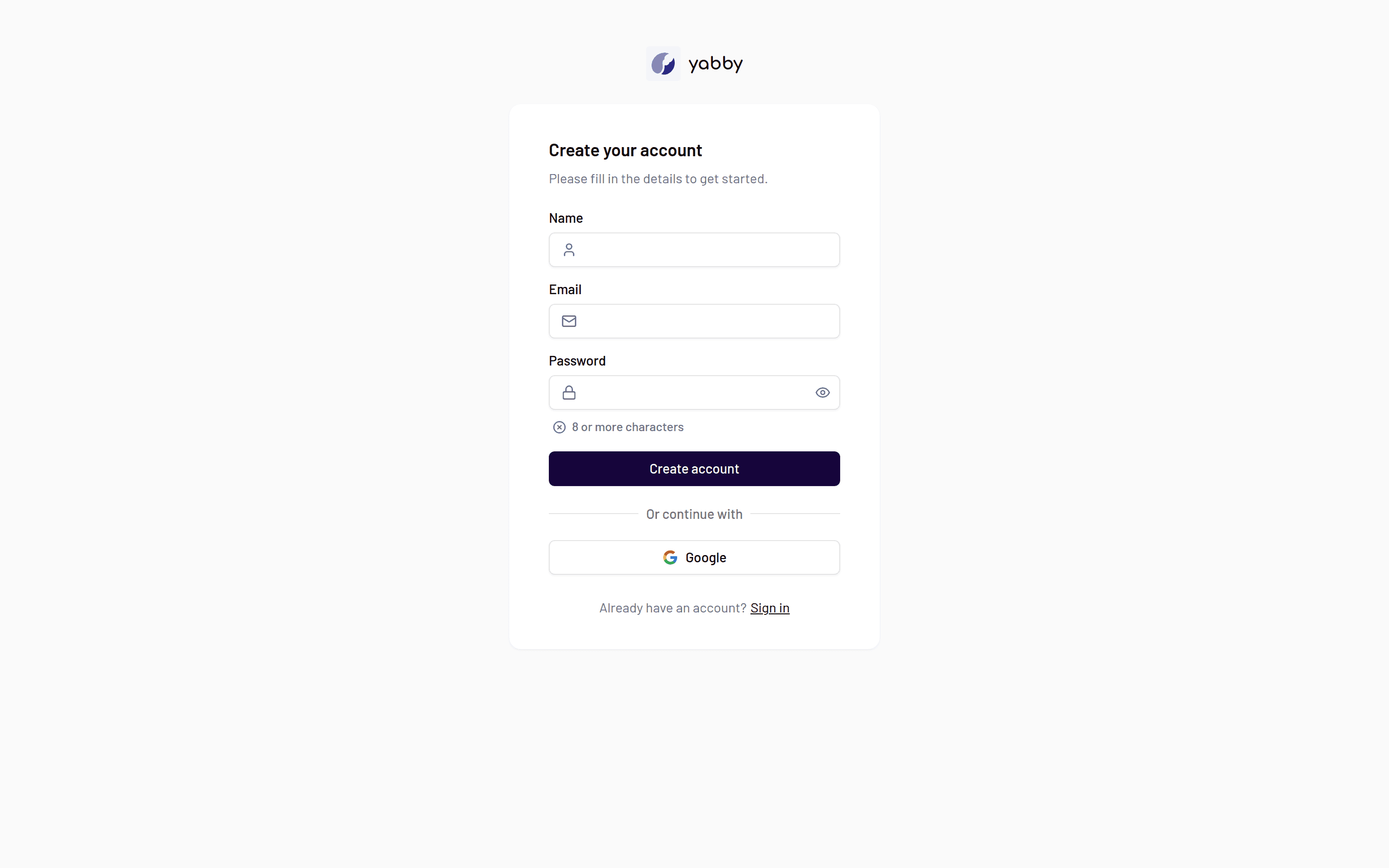 The yabby sign-up screen with email and Google options