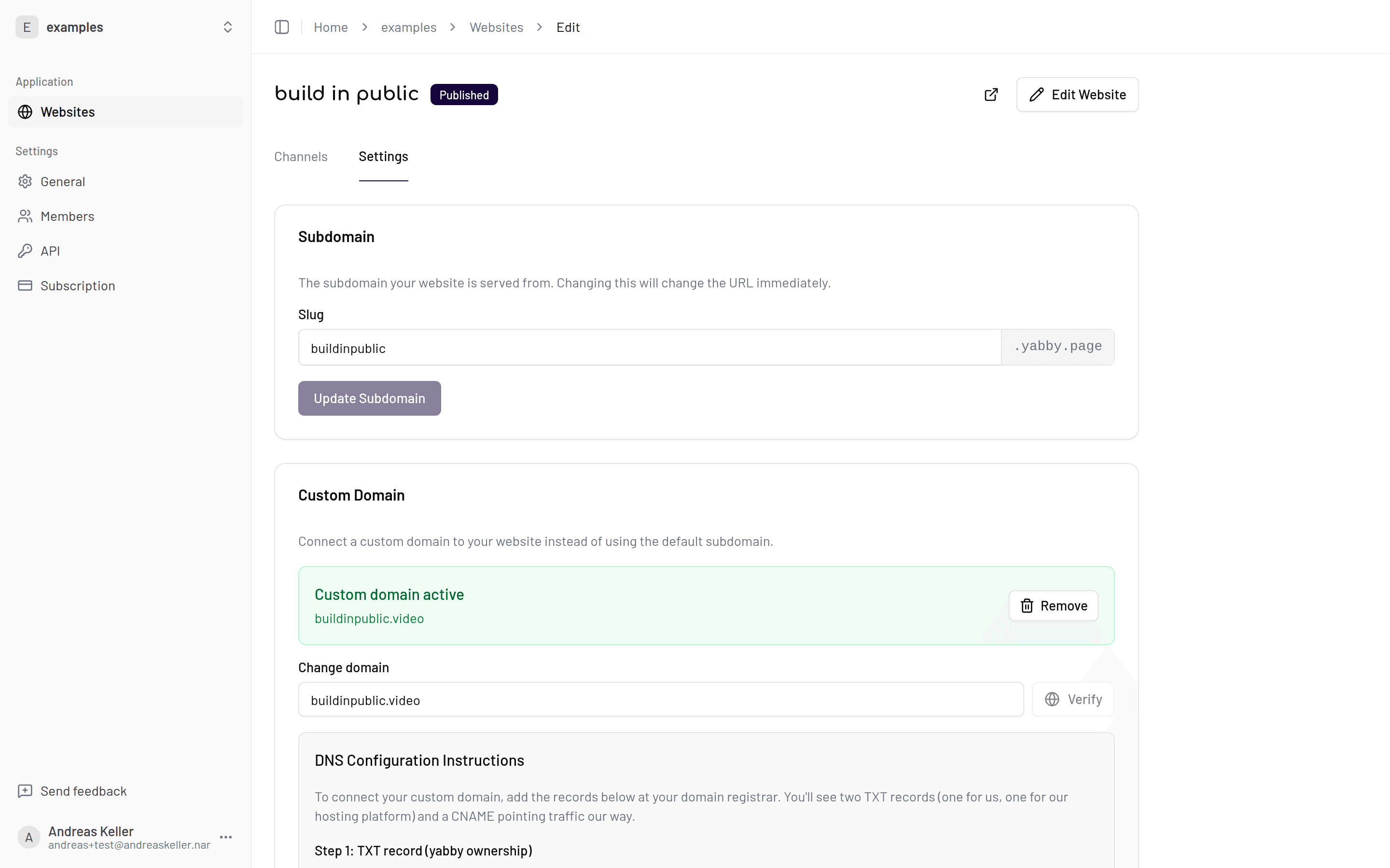 Subdomain card in website settings