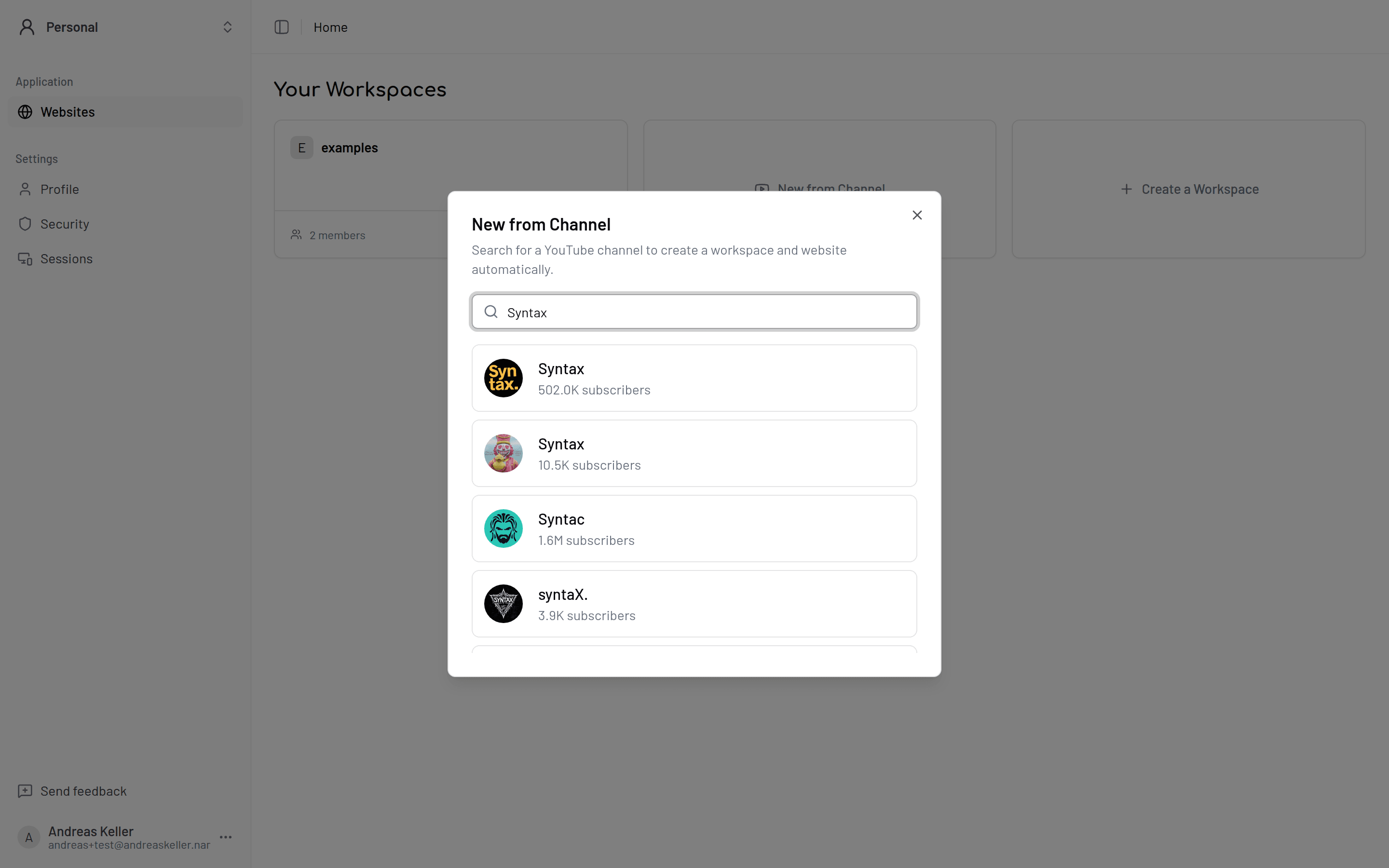 Onboarding screen with the channel search field and results