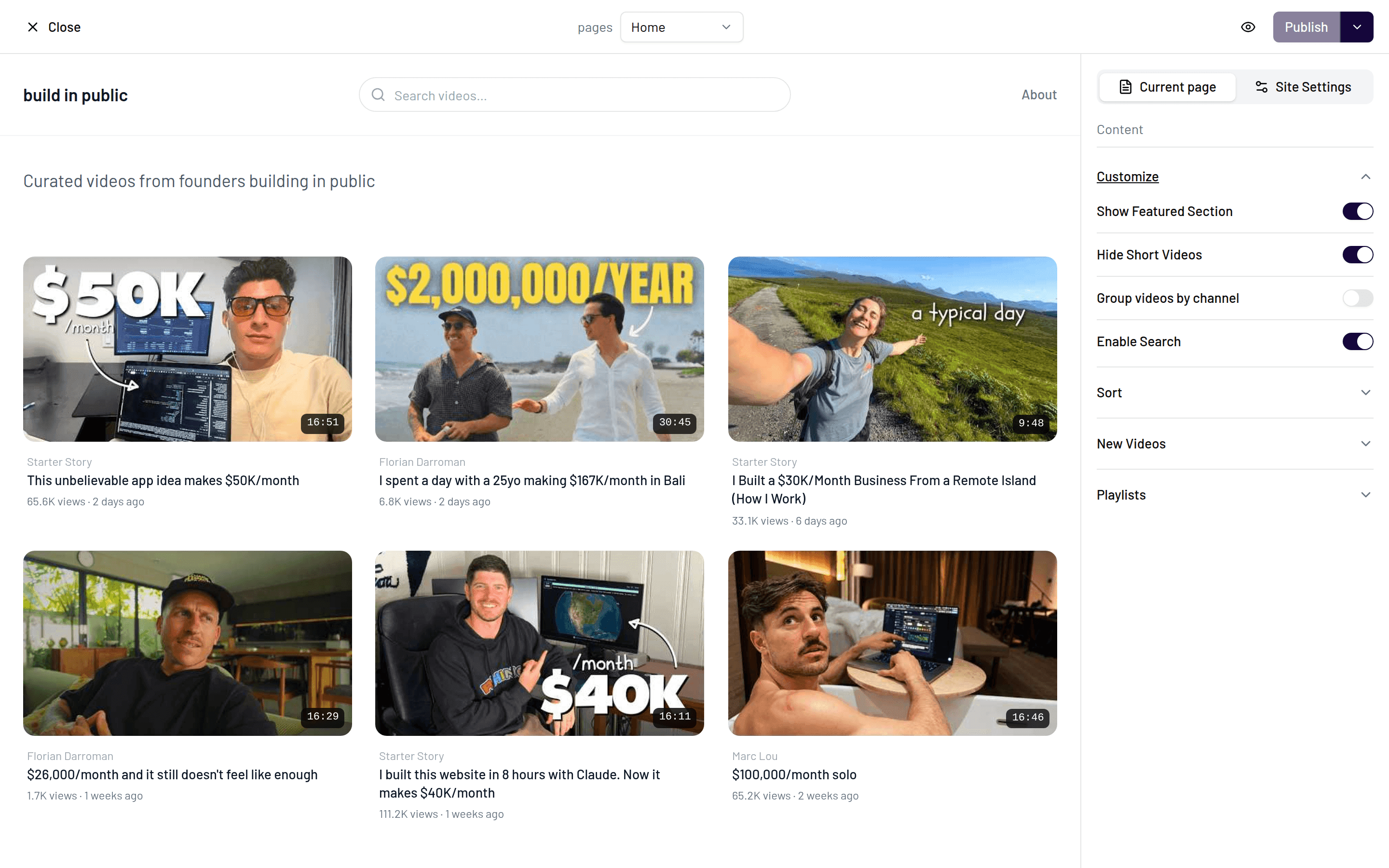 The Customize section with the Show Shorts and Show Search toggles