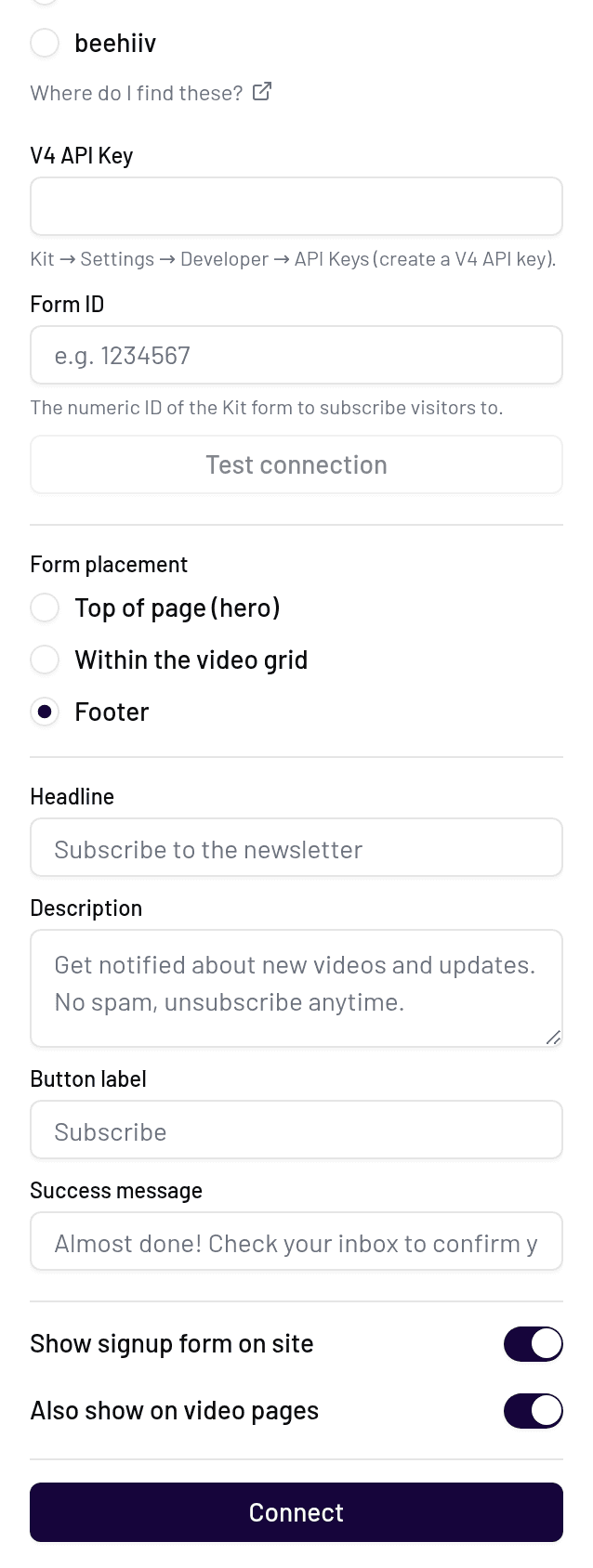 Choosing the signup form placement