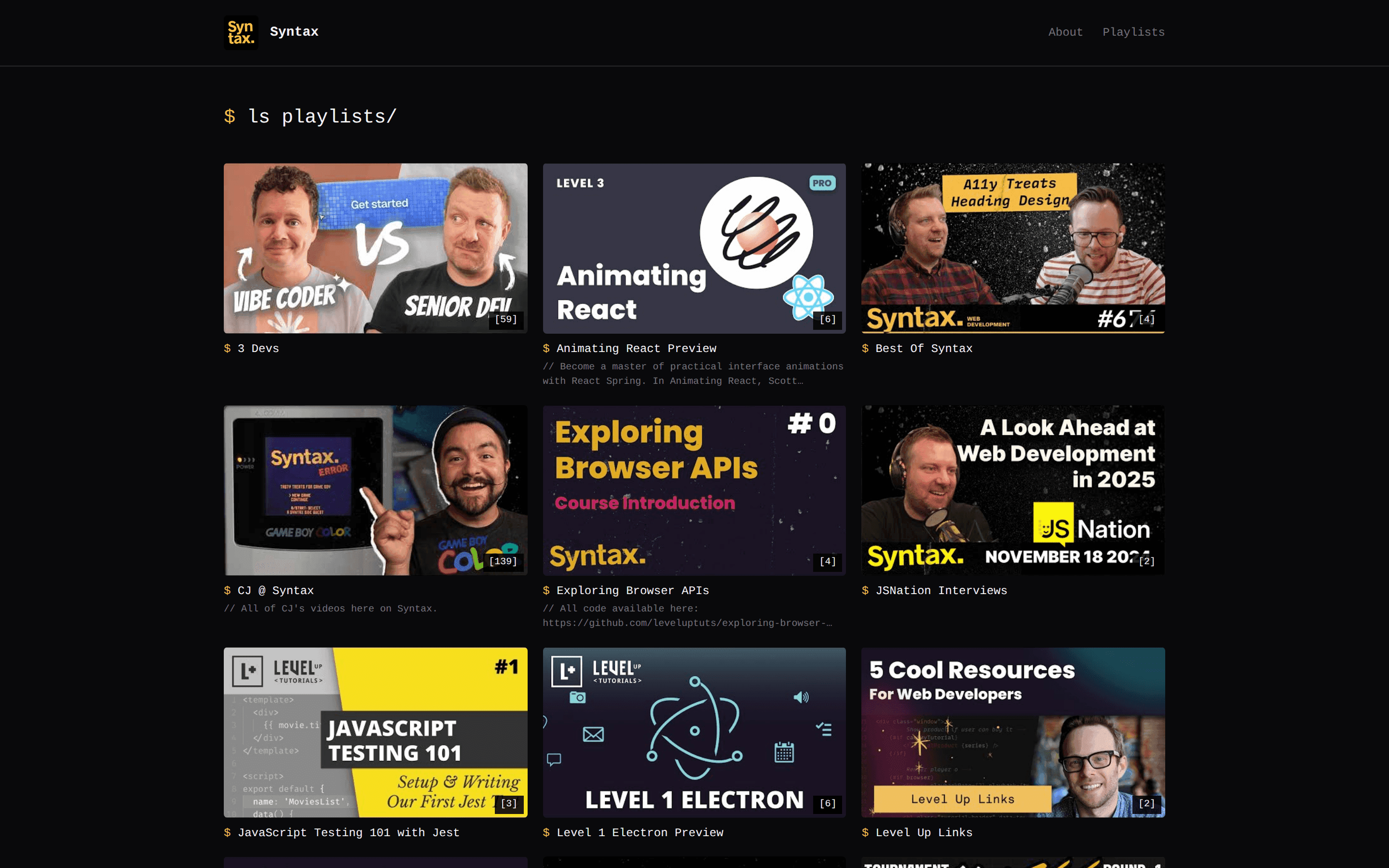 A playlist page on a published yabby website