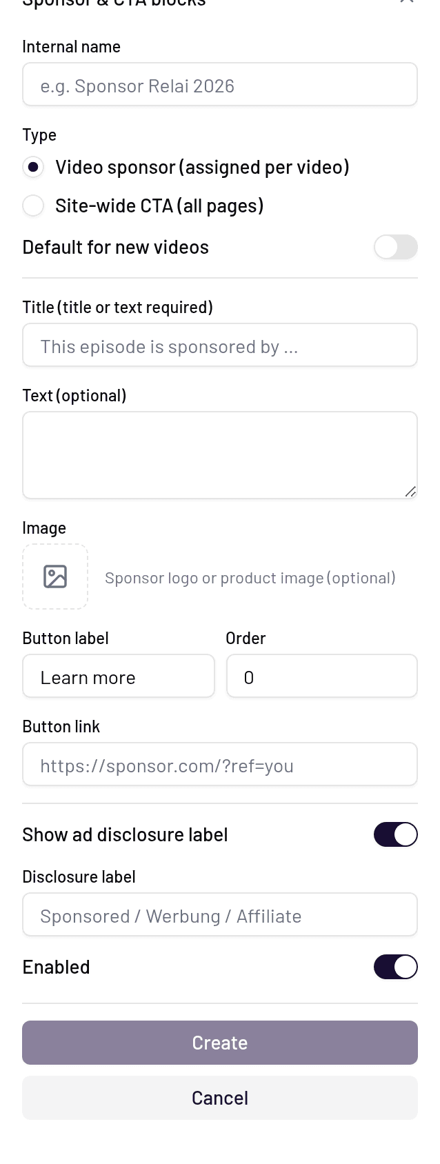 Ad-disclosure toggle with editable label